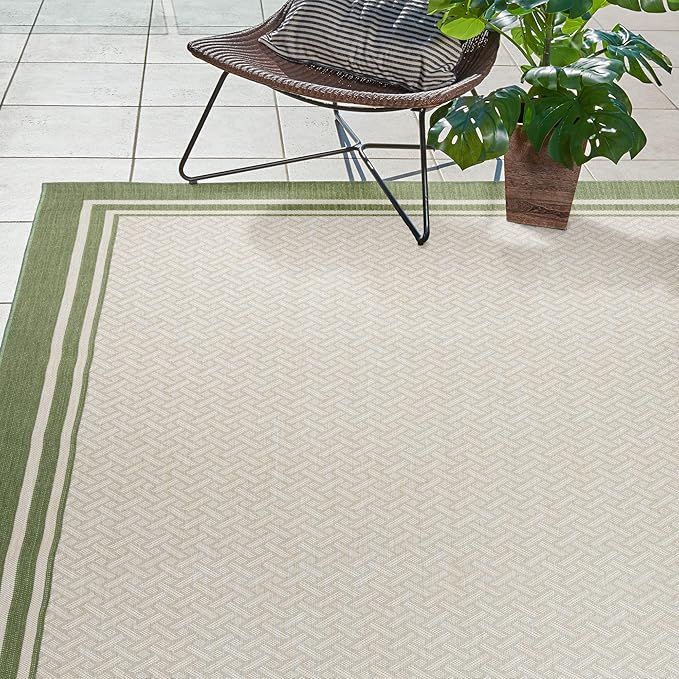 Gertmenian Indoor/Outdoor Flatweave Area Rug - 9x13 Extra Large, Stain & UV Resistant, Ideal for Deck, Patio, Poolside, Mudroom - Border Green Teal Tan, 22908