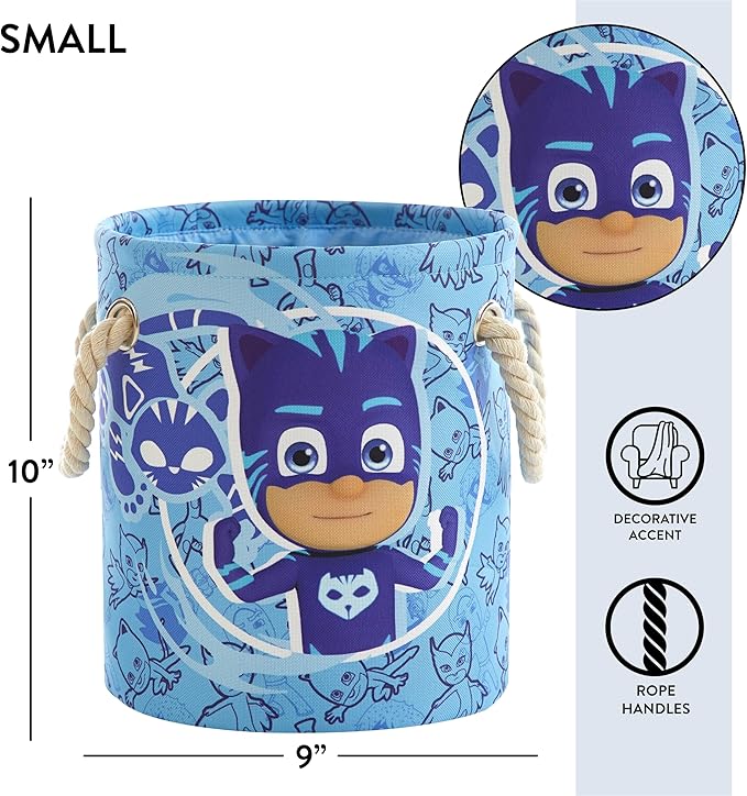 PJ Mask 3 Piece Multi Size Fabric Nestable Toy Storage Basket Set, with Rope Carry Handles