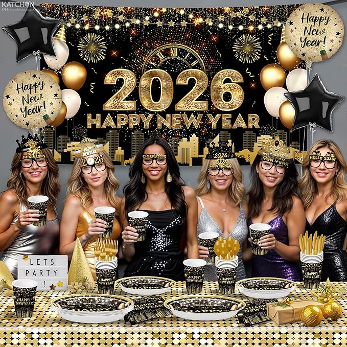 KatchOn, Huge New Years Eve Party Supplies 2026 - Pack of 231 | Wall Banner, Plates, Napkins, Tablecloth, Hats, Table Cover & Balloons For Happy New Year Decorations | New Years Eve Decorations 2026