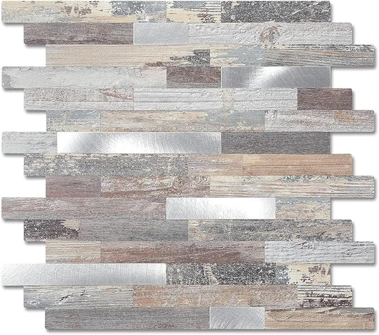 Yipscazo 2026 New Upgrade Peel and Stick Wood Metal Tile Backsplash, Stick on Tiles for Backsplash Kitchen, Bathroom (10 Sheets, Light Wood)