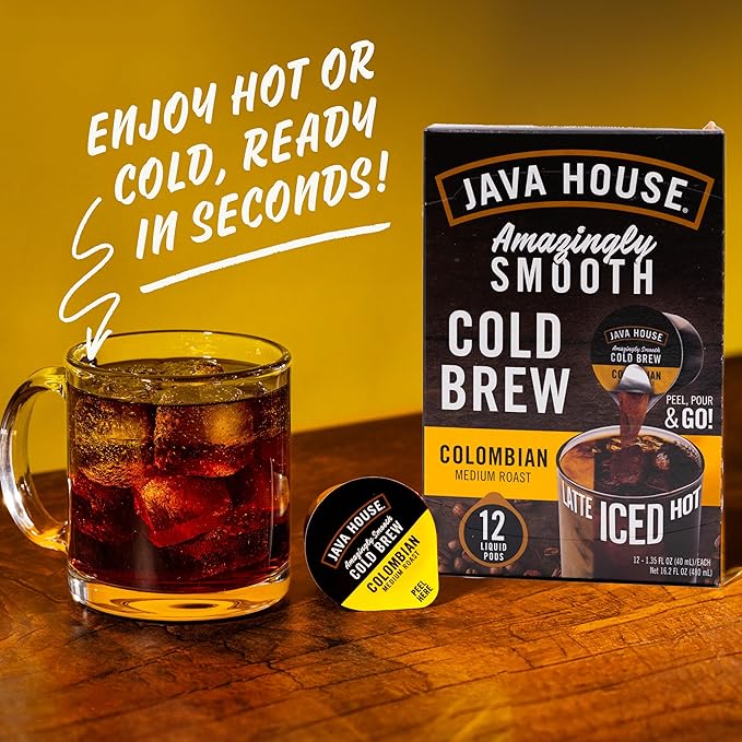 JAVA HOUSE Medium Roast Colombian Cold Brew Capsules, 1.35 Fluid Ounces (12 Count) Peel and Pour, TSA Approved, Travel Friendly Cold Brew, Hot or Iced, Instant Coffee Concentrate