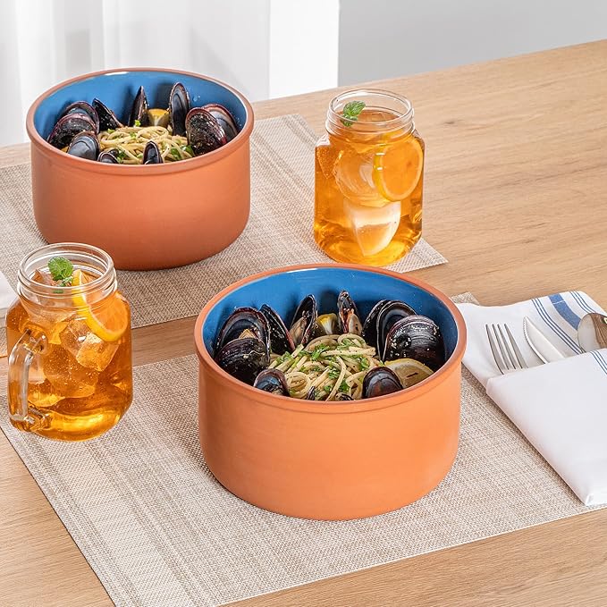 Restaurantware-Terra Tek 68 Ounce Terracotta Cazuelas, 2 Blue Glazed Clay Pots For Cooking - Oven-Ready, Microwavable, Terracotta Serving Pots, Dishwashable, For Cooking And Serving