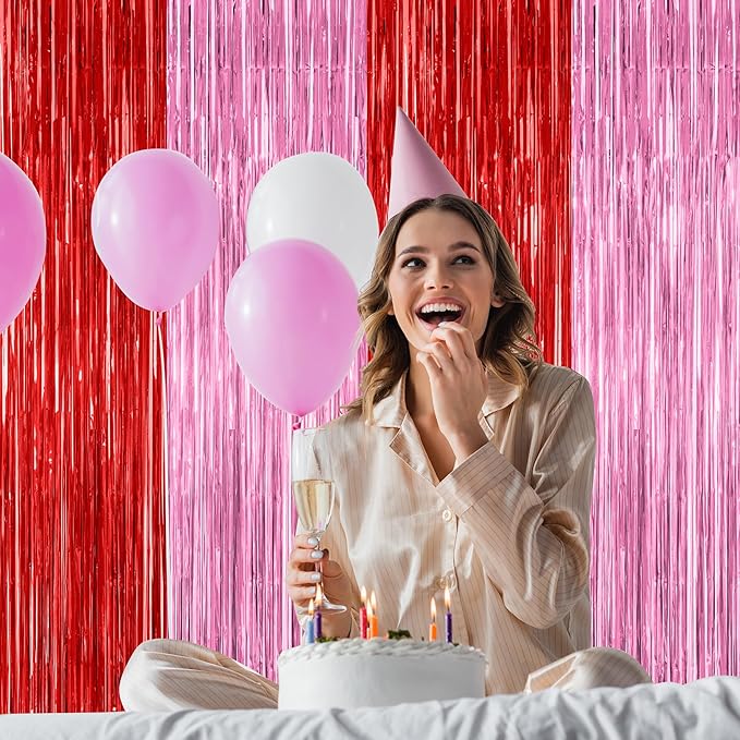 2 Pack Backdrop Curtains, 3.28 Feet x 7.05 Feet Red Pink Backdrop, Metallic Fringe Curtains Tinsel Backdrop Party Streamer, Babie Backdrop Valentines Day Happy Birthday Party Supplies Decorations