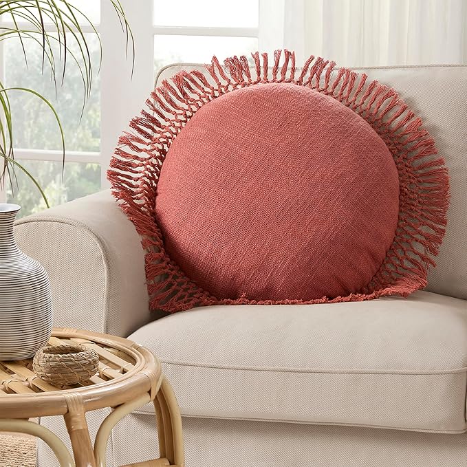 Indigo Ink Round Red Decorative Throw Pillow with Tassels - 20" x 20" | Cotton Throw Cushion for Couch, Chair, Bed | Cute Home Decor | Soft Plush Filling | Tufted Medallion Collection, Ginger Spice
