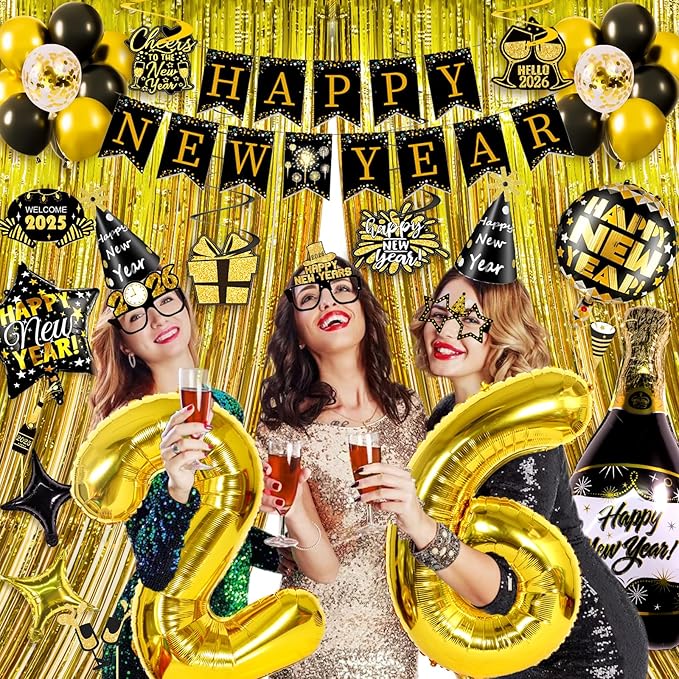 New Years Eve Party Supplies 2026 New Years Decorations 2026 Happy New Year Decorations Eve Party Decorations, Hats & Glasses, Photo Props, Happy New Year Banner Foil Balloon Curtain Hanging Swirls
