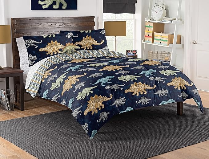 Northwest Classics Full Sized Dino Discovery Glow-in-The-Dark 8-Piece Bed in a Bag Set, All Seasons Bedding for Girls and Boys, Comforter, Flat Sheet, Fitted Sheet, Pillowcases, Pillow, Shams