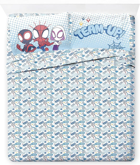 Jay Franco Kids Sheet Set with Fitted, Flat Sheets & Pillow Cover - Ultra-Soft Bedding with Pillowcase for Room Decor, Multi - Spidey & Friends, 4 Piece Full