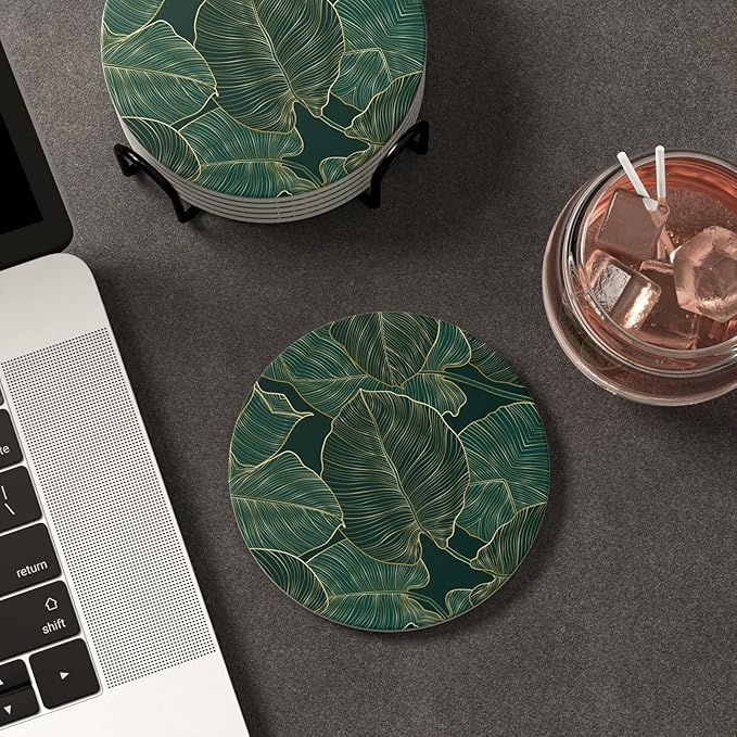 Nipichsha Coasters for Drinks, Set of 6 Cute Absorbent Ceramic Drink Coasters for Cup with Holder and Cork Base, Kitchen Home Decor Housewarming Gift, Round 4 in, Tropical Leaves