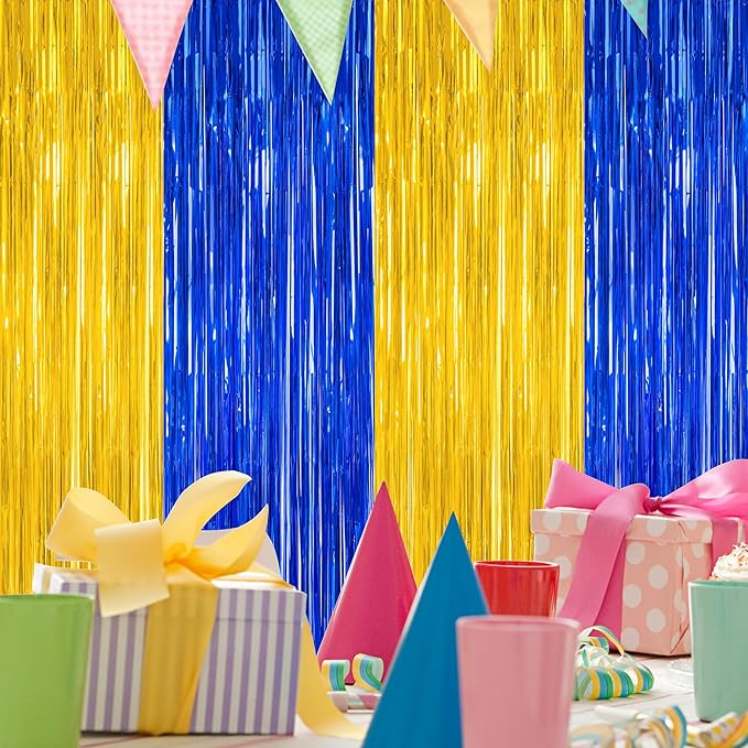2 Pack Graduation Backdrop, 3.28 FT x 7.05 FT Class of 2026 Decorations, Blue Gold Fringe Curtains Tinsel Backdrop Party Streamer, Metallic Blue and Gold Graduation Decorations 2026