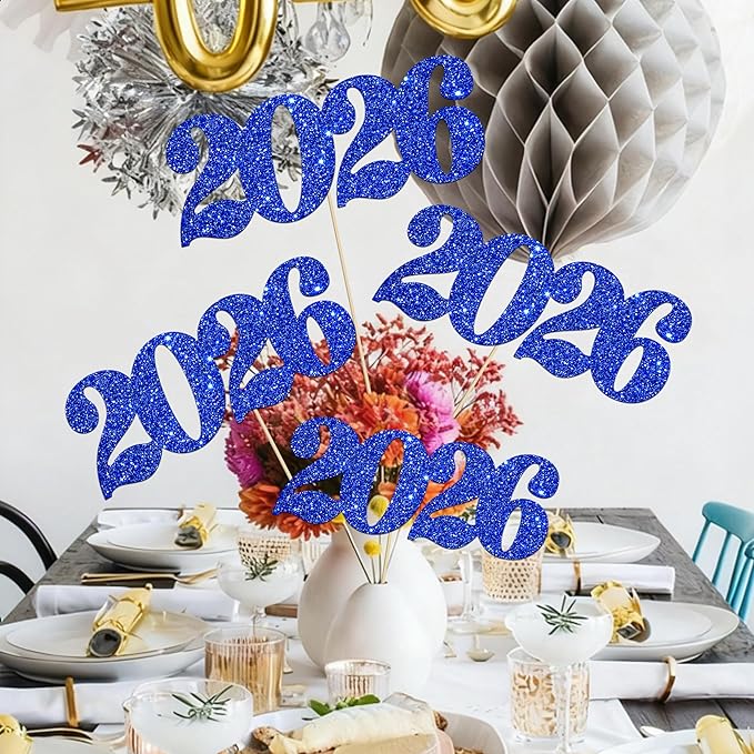 2026 Centerpiece Sticks 12pcs Blue Glitter Number 2026 Centerpieces for Table Graduation Decorations for Hello 2026 New Year Theme Party Supplies
