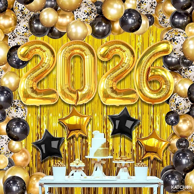 KatchOn, New Years Eve Party Supplies 2026 - Huge Set, Pack of 86 | Happy New Year Decorations 2026, NYE Decorations 2026 | Gold Fringe Curtain Backdrop with Black and Gold 2026 Balloon Arch Kit