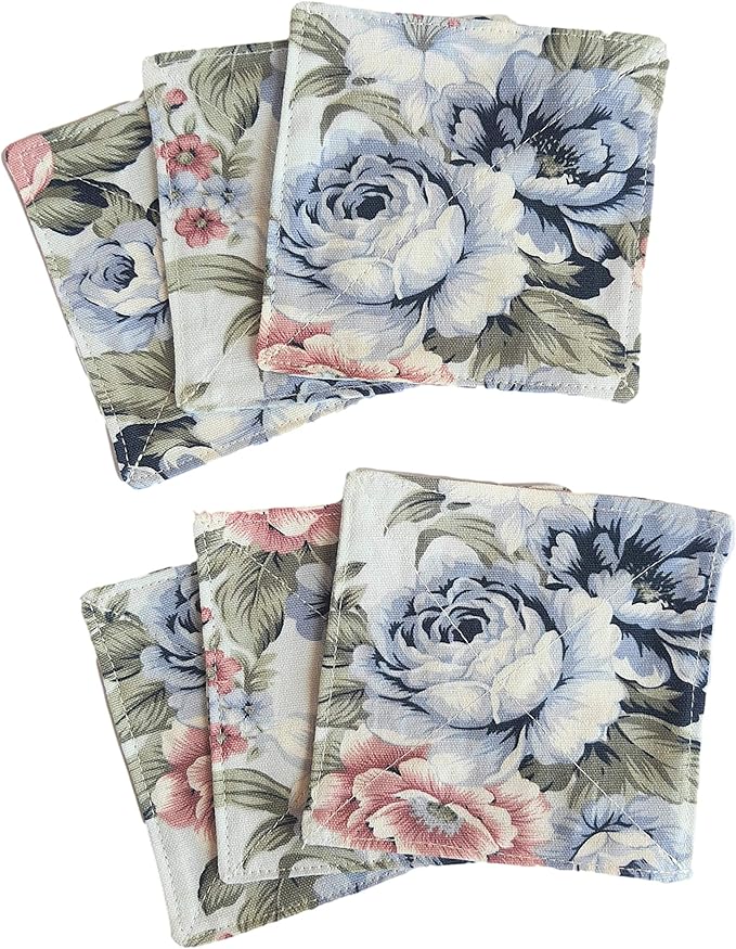 CUSHYSTORE 2 Layers Coasters Saucers Canvas Floral Botanical Fabric 4", 6 Pack - Blue Rose Garden