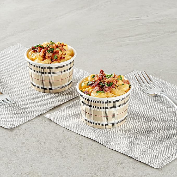 Restaurantware Coppetta 4-Ounce Dessert Cups, 50 Disposable Ice Cream Cups - Lids Sold Separately, Heavy-Duty, Plaid Paper Frozen Yogurt Bowls, For Hot And Cold Foods