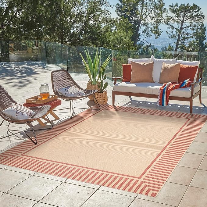 Gertmenian Indoor/Outdoor Flatweave Area Rug - 9x13 Extra Large, Stain & UV Resistant, Ideal for Deck, Patio, Poolside, Mudroom - Klano Striped Sand, Red, 25426