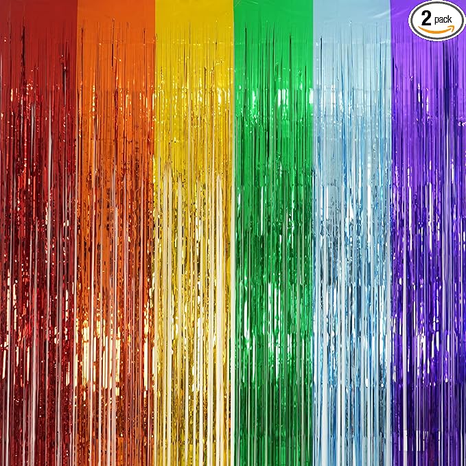 Rainbow Foil Fringe Curtains - GREATRIL Metallic Tinsel Streamers Backdrop for Birthday/Pride/Rainbow/Watermelon Themed Party Decorations 8.2ft x 3.2ft 2 Packs