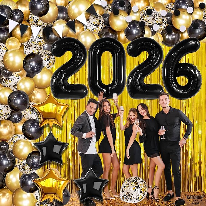 KatchOn, New Years Decorations 2026 Set - Huge, Pack of 85 | Black Gold Stars Balloon, Gold Fringe Curtain Backdrop, 2026 Balloons | New Years Eve Party Supplies 2026, Next Years Birthday Party Decor