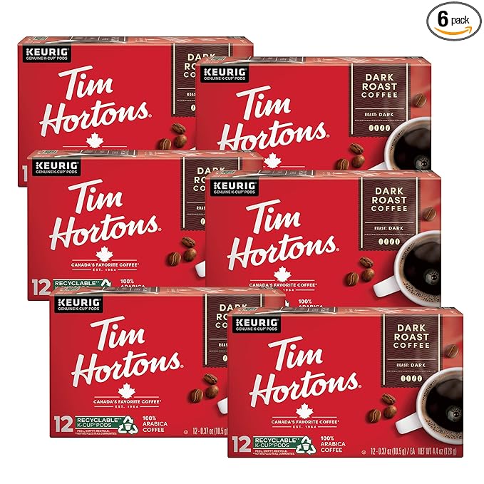 Tim Hortons Dark Roast Coffee, Single-Serve K-Cup Pods Compatible with Keurig Brewers, 72ct K-Cups,Red 12 Count (Pack of 6)