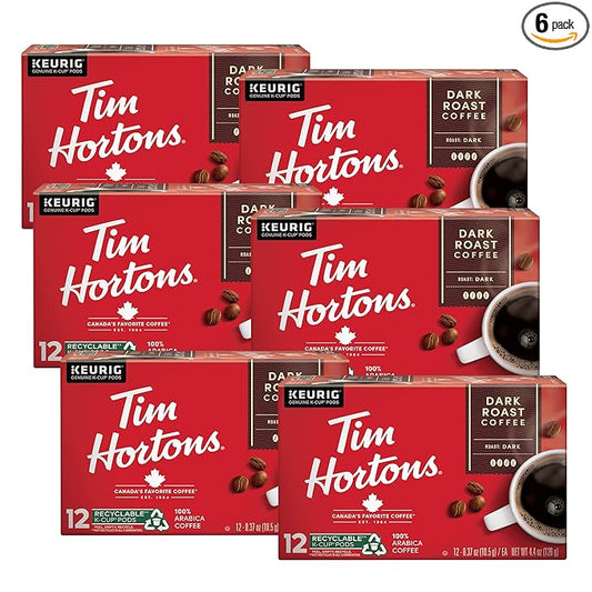 Tim Hortons Dark Roast Coffee, Single-Serve K-Cup Pods Compatible with Keurig Brewers, 72ct K-Cups,Red 12 Count (Pack of 6)