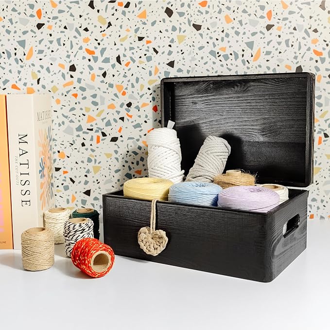 Creative Deco Large Black Wooden Box Storage with Hinged Lid | 11.8x7.87x5.51in (+-0.5) | Keepsake with Handles | Gift Box for Tool Dog Toy Shoes Kitchen Storage | Wood Keepsake Chest Trunk