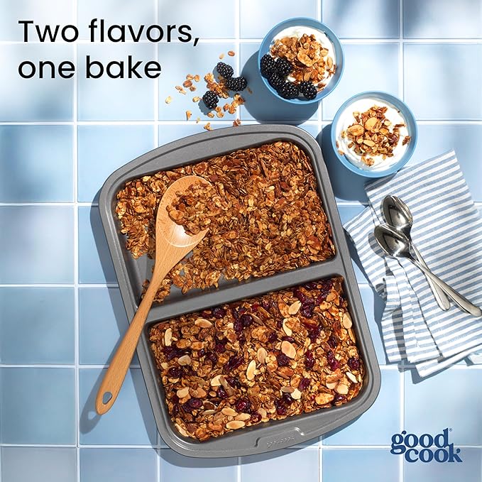 GoodCook Everyday Divided Sheet Pan 1-Inch Deep 2-Section Non-Stick Scratch-Resistant Carbon Steel Construction for Meal Prepping & Sheet Pan Dinners, 11x16-Inch, Gray