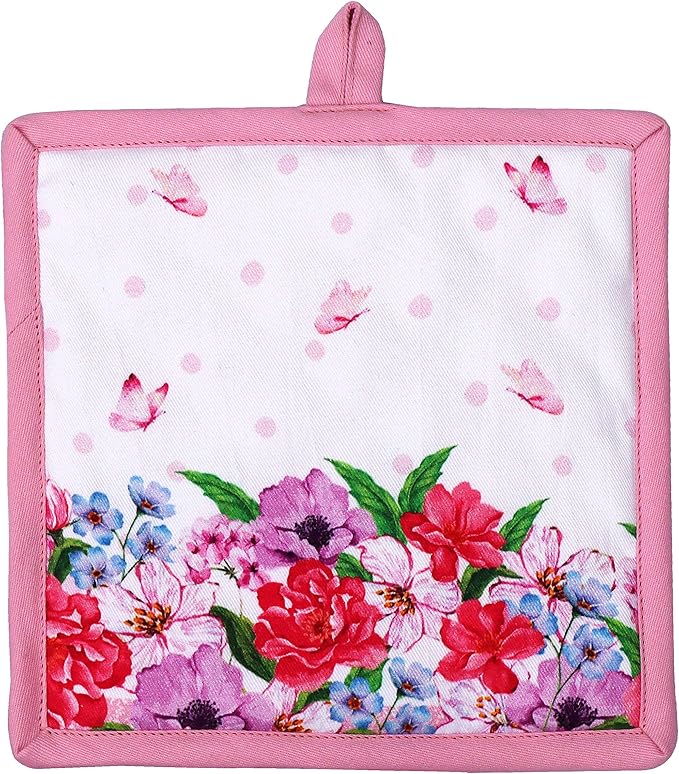 AMOUR INFINI Pot Holders Heat Resistant Cotton Set of 2 Nonslip 8"x8" Inch Hot Pads for Kitchen, BBQ, Baking & Cooking with Hanging Loops (Spring Floral)