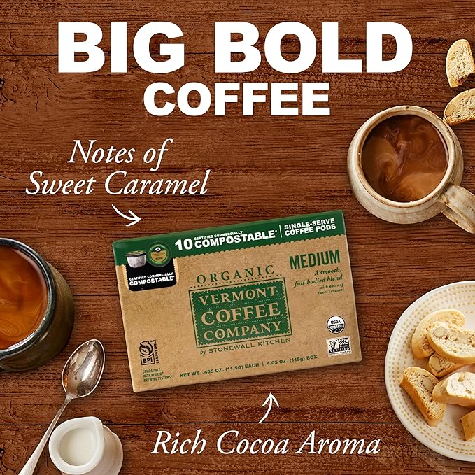 Vermont Coffee Company, Organic Medium Roast, Single-Serve Organic Compostable Coffee Pods, 10CT, Compatible with Most Kcups Brewing Systems, Made in the USA