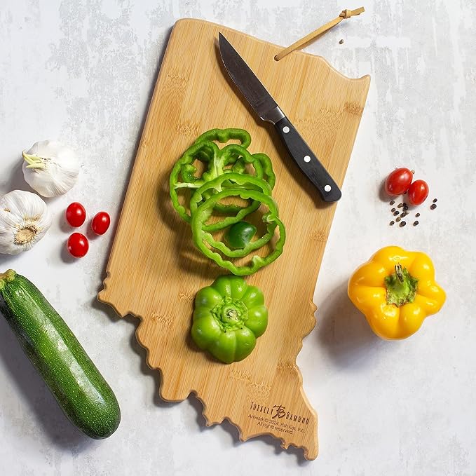 Totally Bamboo Indiana State Shaped Cutting Board and Charcuterie Serving Platter with Artwork by Fish Kiss, Includes Hang Tie for Wall Display