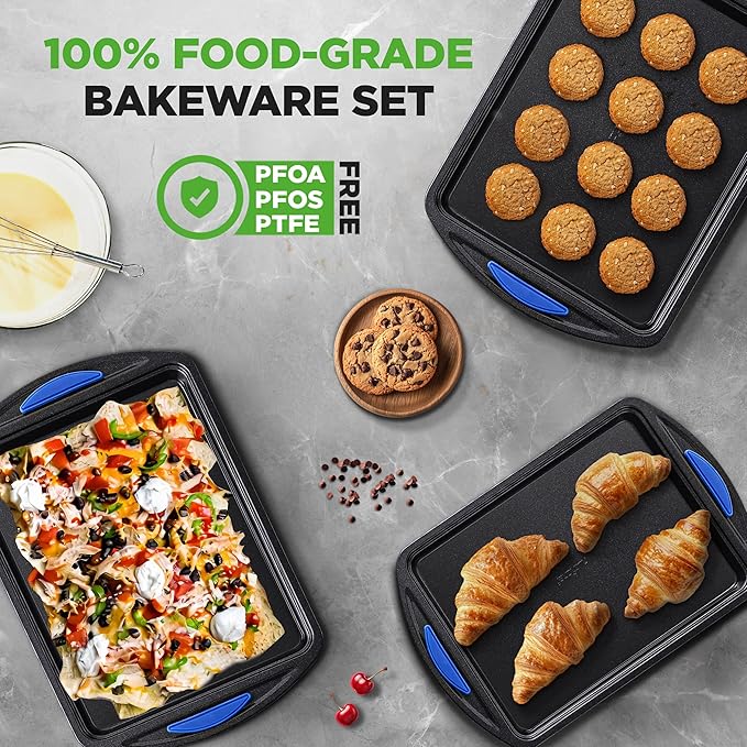 NutriChef 3-Piece Nonstick Cookie Sheets for Baking – Carbon Steel Stackable Bakeware Set w/ Silicone Handles - Non Toxic Baking Pan - Durable & Wrap Resistance, Oven Safe - Easy cleanup