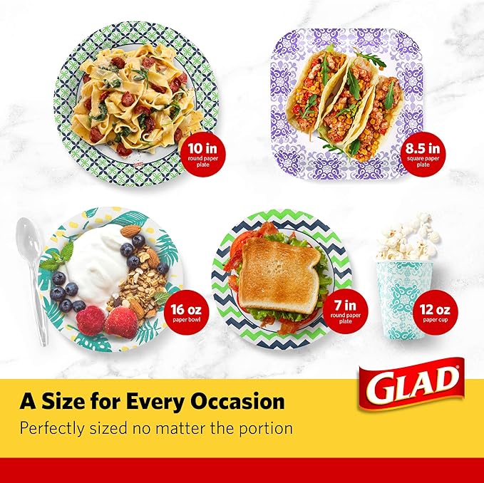 Glad Square Heavy Duty Paper Plates, Soak Proof and Cut Proof Disposable Plates for Parties and Everyday Meals, Microwaveable for Easy Serving, Blue Victorian Pattern, 10 Inch, 50 Count