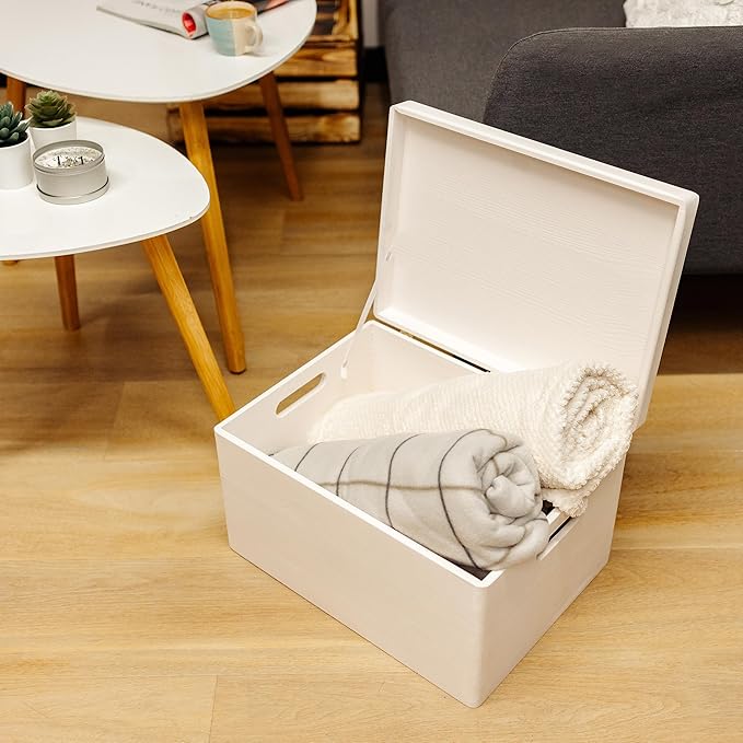 Creative Deco Large White Wooden Box Storage with Hinged Lid | 15.8x11.8x9.44in (+-0.5) | Keepsake Gift Box Storage Document | Wood Chest Trunk PRODUCT NOT INTENDED FOR 15 YEARS OR BELOW