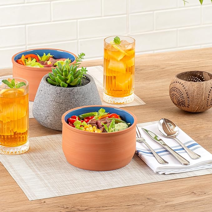 Restaurantware-Terra Tek 34 Ounce Terracotta Cazuelas, 2 Blue Glazed Clay Pots For Cooking - Oven-Ready, Microwavable, Terracotta Serving Pots, Dishwashable, For Cooking And Serving