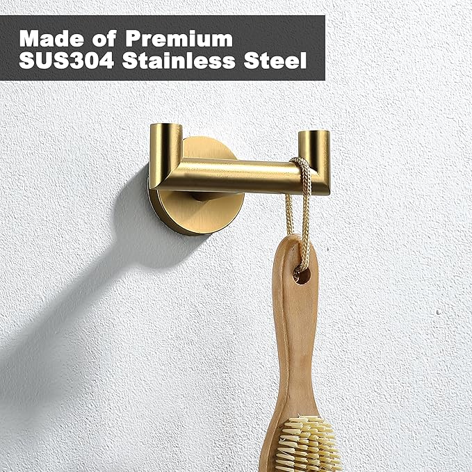 Towel Hooks for Bathrooms, Gold Towel Hook for Kitchen Bathroom, SUS304 Stainless Steel Coat Hook, Heavy Duty Double Towels Holder Hooks for Hanging Towels, Coats,sponges, Clothes, Wall Mount, 2 Pack