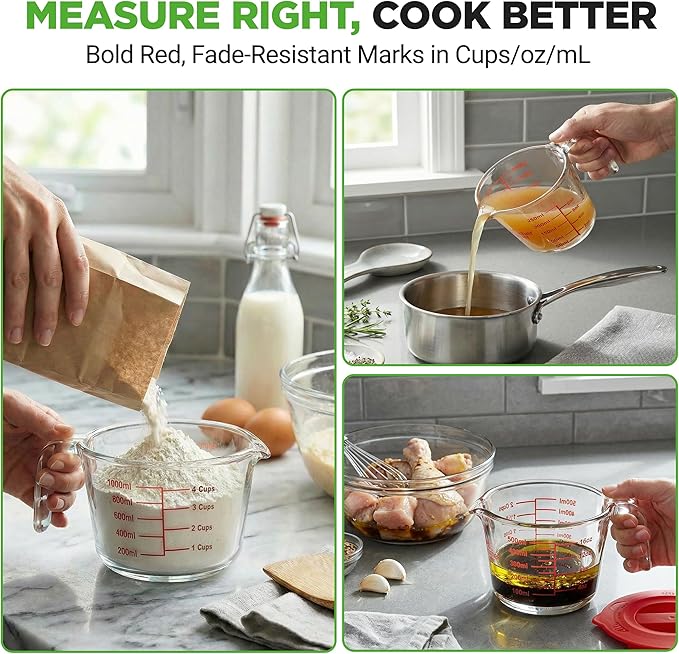 NutriChef 1,2 and 4 Cups Glass Measuring Cup Set with Lids (8, 17 and 34 oz) - Heat-Resistant Borosilicate Liquid Measure Cups with Easy-Read Scale for Cooking, Baking & Food Storage, Dishwasher Safe