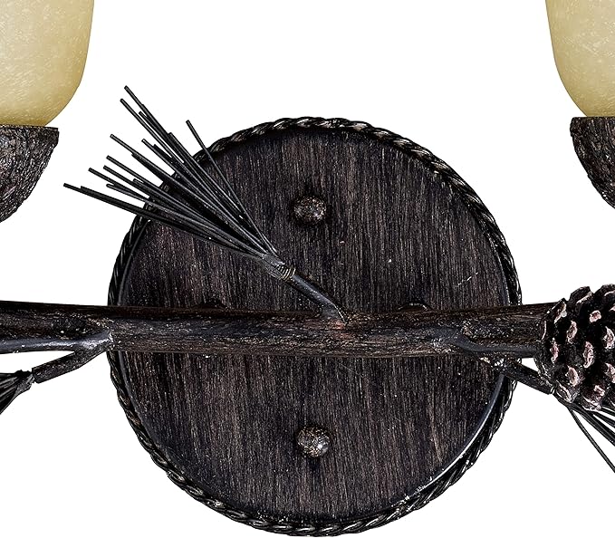 VAXCEL Sierra 2-Light 15 inch Wide Black Walnut Rustic Bathroom Vanity Lighting Fixture, Creme Cognac Glass Shade, Dimmable, LED Compatible, Pine Cone Motif, Reversible Wall Mounted Steel Sconce