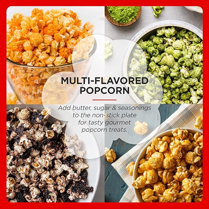 Elite Gourmet EPM330R Automatic Stirring Ceramic Nonstick 12-cup Popcorn Maker, Hot Oil Popcorn Machine w/Measuring Cap & Built-in Reversible Serving Bowl, Great for Home Party, ETL Approved, Red