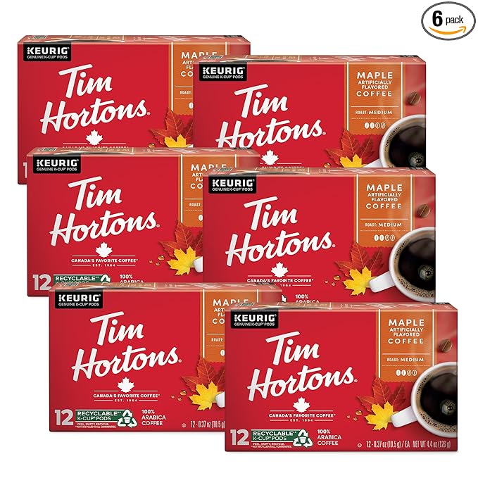 Tim Hortons Maple Flavored Coffee, Single-Serve K-Cup Pods Compatible with Keurig Brewers, 72ct K-Cups, Red, 12 Count (Pack of 6)