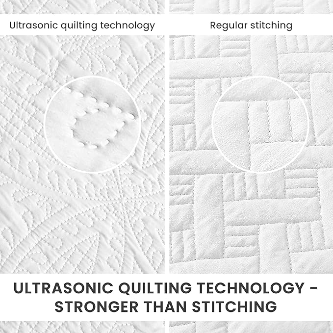 Love's cabin Queen Quilt Set White, Bed in a Bag Queen Size Bedding 7 Pieces, Ultrasonic Embossed Coin Pattern Comforter, Lightweight Bedspreads for All Seasons Quilt with Sheets, Pillowcases & Shams