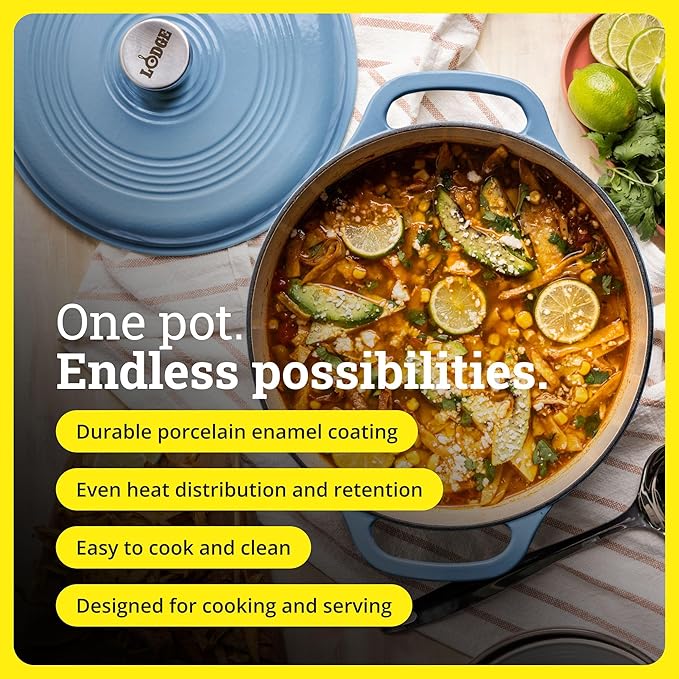 Lodge Essential Enamel Cast Iron Dutch Oven - Perfect for Bread Baking, Braising, Marinating & Slow Cooking - Features Moisture-Sealing Lid & Dual Handles - Kitchen Essentials - 6 Quarts - Storm Blue