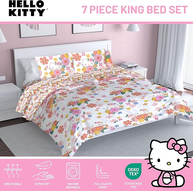 Jay Franco Hello Kitty King Size Comforter Set - 7 Piece Bedding Includes Sheet Set & Pillow Covers - Super Soft Floral Bedding
