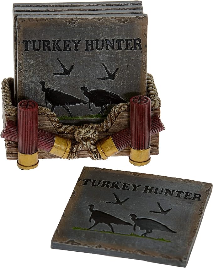 Pine Ridge Buckshot Absorbent Coaster Set with Holder - Table Coasters Home Decors for Drinks - Rustic Turkey Hunter Country Coaster Decoration