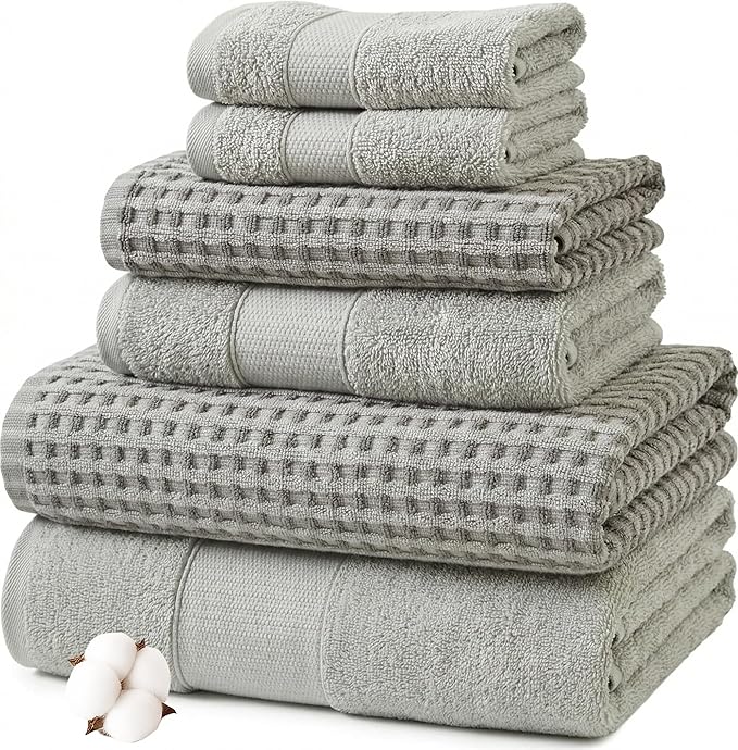 Modern Threads 6 Piece Cotton Bath Towel Set – Ultra Soft 600 GSM Towels – Bathroom Set with Hand Towels and Washcloths – Waffle (Silver Cloud)
