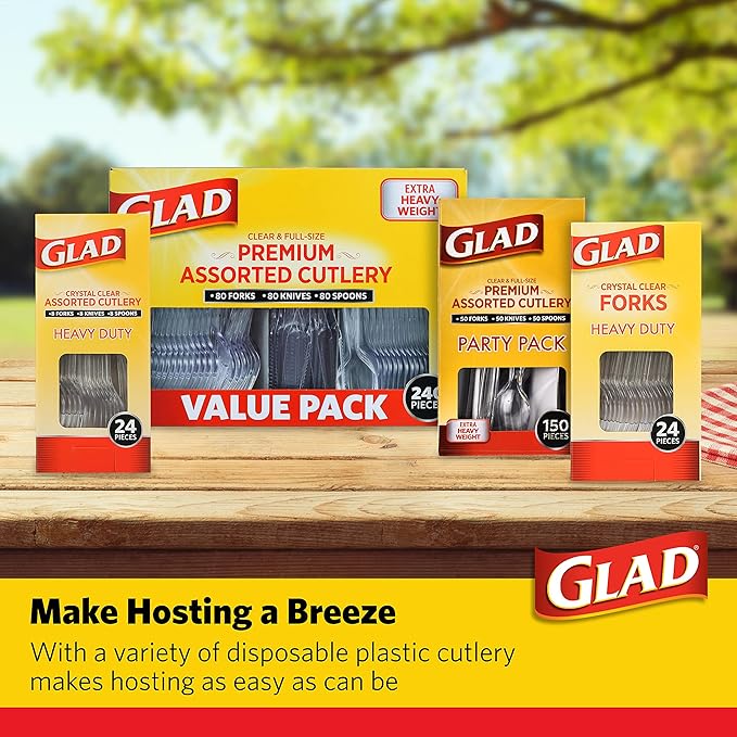 Glad Clear Disposable Cutlery Set with Heavy Duty Plastic Forks, Knives, and Spoons, Reusable Dishwasher Safe Plastic Utensils for Parties and Everyday Use, 150 Count - 6 Pack