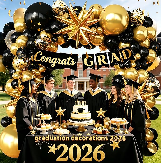 Black and Gold Balloon Garland Arch Kit for 2026 Graduation Birthday Party Retirement Bachelorette Party Prom Anniversary Decorations