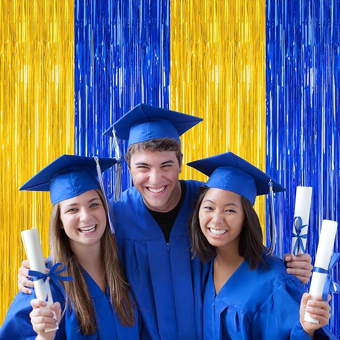 2 Pack Graduation Backdrop, 3.28 FT x 7.05 FT Class of 2026 Decorations, Blue Gold Fringe Curtains Tinsel Backdrop Party Streamer, Metallic Blue and Gold Graduation Decorations 2026