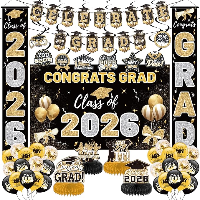 Black and Gold 2026 Graduation Party Decor Kit-Includes Backdrop, Banner, Balloons, Hanging Swirls & Honeycomb Centerpieces for Class of 2026 -Full Set for High School and University Graduation Events