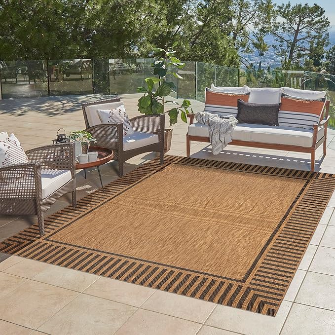 Gertmenian Indoor/Outdoor Flatweave Area Rug - 6x9 Medium, Stain & UV Resistant, Quick-Drying, Ideal for Deck, Patio, Poolside, Mudroom - Klano Striped Chestnut, Black, 28801