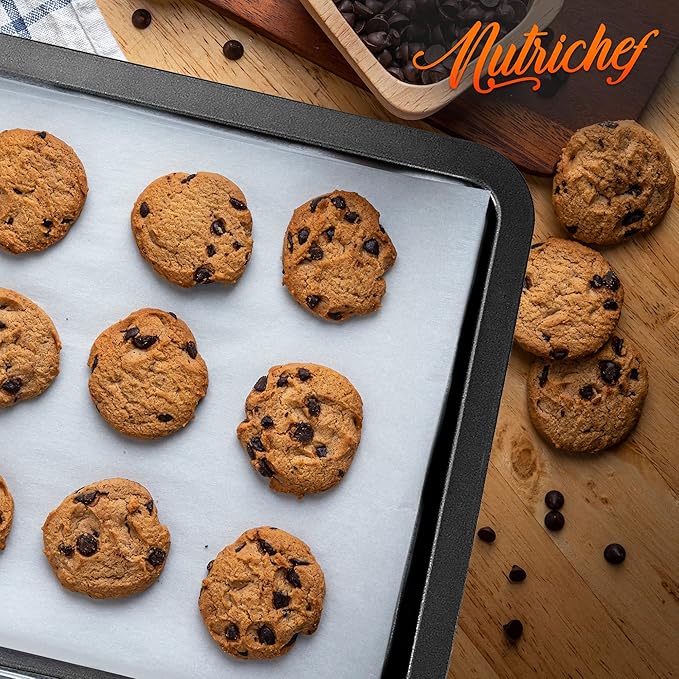 NutriChef 15” x 10" Non-Stick Cookie Sheet for Baking - Carbon Steel Baking Pan w/ Nonstick Coating - Jelly Roll Pan Compatible with Ovens & Toasters, Grey