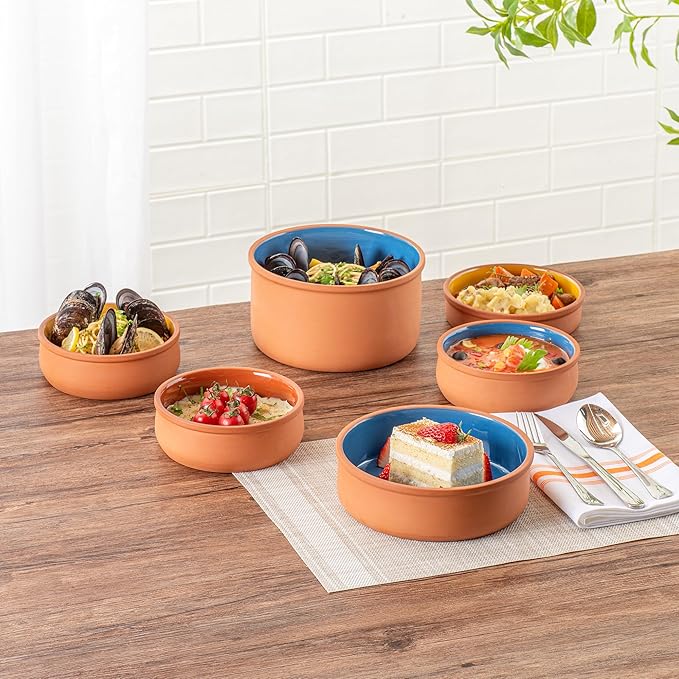 Restaurantware-Terra Tek 34 Ounce Terracotta Cazuelas, 2 Blue Glazed Clay Pots For Cooking - Oven-Ready, Microwavable, Terracotta Serving Pots, Dishwashable, For Cooking And Serving
