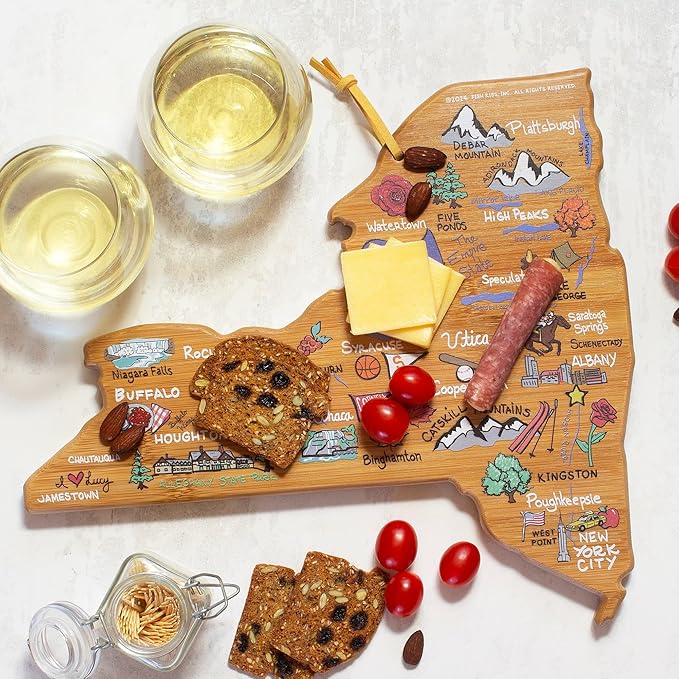 Totally Bamboo New York State Shaped Cutting Board and Charcuterie Serving Platter with Artwork by Fish Kiss, Includes Hang Tie for Wall Display