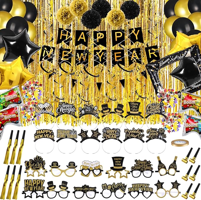 Realspring 106pcs Happy New Year Party Supplies Plastic New Year's Eve Glasses Headbands Blowouts Inflatable Fireworks Gun Balloons Foil Backdrop Hanging Swirls for 2026 Party Decor Photo Prop